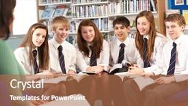  Presentation with books on bookshelf in library - Theme consisting of classroom discussion - teenage students in library reading background and a coral colored foreground