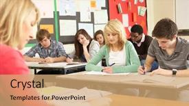  Presentation with teacher and students - PPT theme with secondary school lesson - teenage students studying in classroom background and a  colored foreground