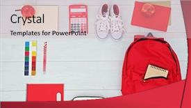  Presentation with backpack - Audience pleasing presentation design consisting of school set with backpack shoes backdrop and a soft green colored foreground