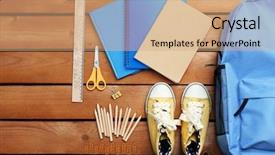  Presentation with shoes - Beautiful PPT theme featuring school set with backpack shoes backdrop and a coral colored foreground