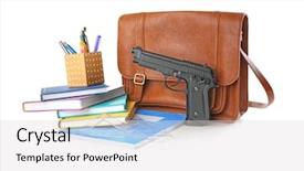  Presentation with school community relations - Slide set featuring school stationery and gun isolated background and a light gray colored foreground