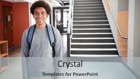  Presentation with school building - Beautiful slide deck featuring school student standing by stairs backdrop and a light gray colored foreground