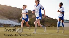  Presentation with female soccer - Slides enhanced with school students playing in soccer background and a coral colored foreground