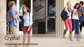  Presentation with school building - Beautiful slide set featuring school students standing outside building backdrop and a mint green colored foreground