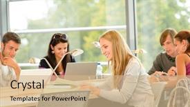  Presentation with academic - Presentation theme with school students studying in library background and a coral colored foreground