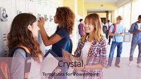  Presentation with racial group high school students - Audience pleasing slide deck consisting of school students talking by locker backdrop and a coral colored foreground