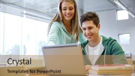  Presentation with learning technology - Colorful theme enhanced with school students with laptop computer backdrop and a coral colored foreground