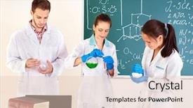  Presentation with systhesis chemistry - Amazing presentation theme having school subjects - group chemistry student with flask backdrop and a lemonade colored foreground