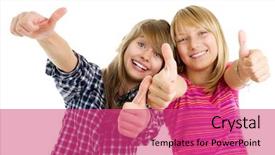  Presentation with teen girls - PPT theme enhanced with portrait of happy teen girls showing thumbs up isolated one white background and a red colored foreground