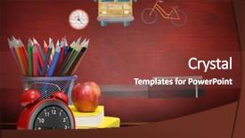  Presentation with school desk - Audience pleasing slide set consisting of school supplies against desk backdrop and a tawny brown colored foreground