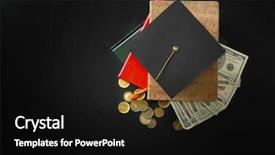  Presentation with school budget - PPT theme featuring school supplies graduation hat banknotes background and a black colored foreground