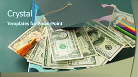  Presentation with school budget - Beautiful PPT theme featuring school supplies graduation hat backdrop and a ocean colored foreground