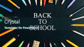  Presentation with back school - Cool new theme with school-supplies-on-blackboard-back backdrop and a navy blue colored foreground