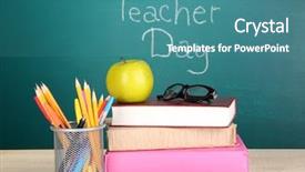  Presentation with school anniversary - Presentation design with school supplies on blackboard background background and a teal colored foreground