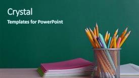  Presentation with school board - Amazing PPT theme having school supplies on table on board background backdrop and a ocean colored foreground