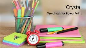  Presentation with wooden board empty table top - Presentation with school supplies on wooden table background and a soft green colored foreground