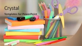  Presentation with school - Amazing presentation design having school supplies on wooden table backdrop and a  colored foreground
