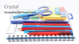  Presentation with pen - Colorful presentation enhanced with school-supplies-pen-pencil-isolated backdrop and a white colored foreground