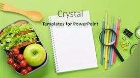  Presentation with nutrition school - Slide deck with school-supplies-stationery-and-lunch background and a mint green colored foreground