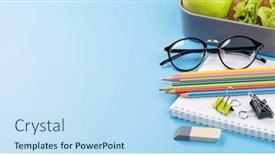  Presentation with nutrition school - Slide set with school-supplies-stationery-and-lunch background and a  colored foreground