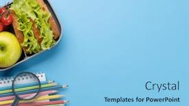  Presentation with nutrition school - PPT theme consisting of school-supplies-stationery-and-lunch background and a light blue colored foreground