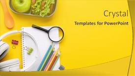  Presentation with nutrition school - Presentation theme enhanced with school-supplies-stationery-and-lunch background and a yellow colored foreground