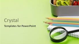  Presentation with nutrition school - Presentation design with school-supplies-stationery-and-lunch background and a soft green colored foreground