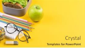  Presentation with nutrition school - Presentation theme featuring school-supplies-stationery-and-lunch background and a light gray colored foreground