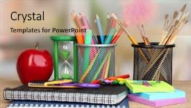  Presentation with school apple - Cool new slide deck with school supplies with apple backdrop and a coral colored foreground