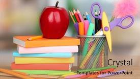  Presentation with school apple - Colorful presentation design enhanced with school supplies with books and apple on wooden table backdrop and a coral colored foreground