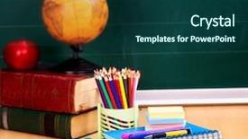  Presentation with utensils - Amazing PPT theme having school supplies writing utensils backdrop and a ocean colored foreground