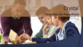  Presentation with class - Beautiful slide deck featuring school teacher in science class backdrop and a coral colored foreground