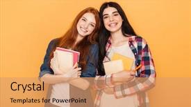  Presentation with school - Cool new PPT theme with school teenage girls holding copybook backdrop and a coral colored foreground