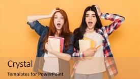  Presentation with young children at school - Slides having school teenage girls holding copybook background and a yellow colored foreground