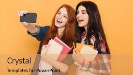  Presentation with school - Theme having school teenage girls holding copybook background and a coral colored foreground