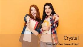  Presentation with teenage - Presentation design featuring school teenage girls holding copybooks background and a yellow colored foreground
