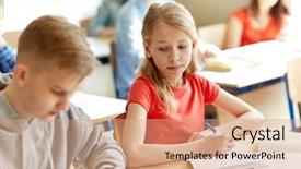  Presentation with cheating - Presentation theme having school test and girl cheating background and a coral colored foreground