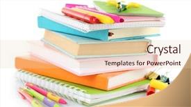  Presentation with tan book stack stacks of books - Presentation design with school tools - stack of books and stationery background and a lemonade colored foreground
