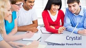  Presentation with international - Presentation theme having school university - international group of young students background and a  colored foreground