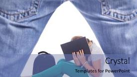  Presentation with school bullying - Presentation theme enhanced with school violence - little girl with fear suffering background and a teal colored foreground