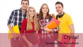  Presentation with big group people - Theme consisting of school work - group of happy young people background and a red colored foreground
