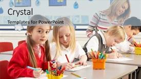  Presentation with teacher - Amazing PPT theme having school work - group of primary schoolchildren backdrop and a light blue colored foreground
