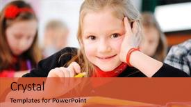  Presentation with writing notes - Cool new PPT theme with school work - portrait of happy young girls backdrop and a red colored foreground