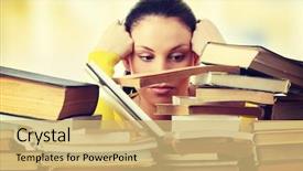  Presentation with tan book stack stacks of books - Theme having school work - young woman sitting behind books background and a yellow colored foreground