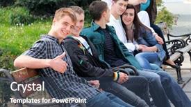  Presentation with teenagers - Amazing PPT layouts having school yard - group of teenagers sitting outside backdrop and a  colored foreground