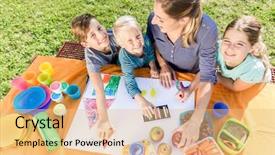  Presentation with lunch - PPT theme with school yard - schoolgirls and schoolboys painting background and a coral colored foreground