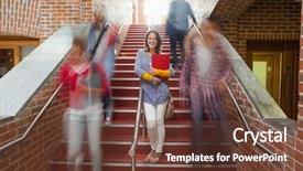  Presentation with stairs - Audience pleasing slide set consisting of schoolbag walk - casual smiling student standing backdrop and a tawny brown colored foreground