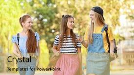  Presentation with outdoors - Slides having schoolbag walk - cute teenager girls meeting outdoors background and a  colored foreground