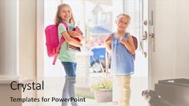  Presentation with school - Amazing slide deck having schoolbag walk - pupils of primary school girls backdrop and a lemonade colored foreground