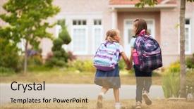  Presentation with school backpacks - Slide deck with schoolbag walk - pupils of primary school girls background and a coral colored foreground